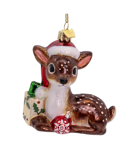 Noble Gems™ Glass Nostalgic Reindeer With Santa Hat & Gift Box Ornament