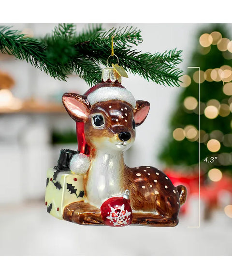 Noble Gems™ Glass Nostalgic Reindeer With Santa Hat & Gift Box Ornament