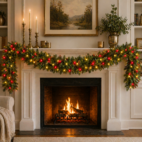 Oregon Mixed Pine Garland, LED Lit (Red/Warm White), 9'