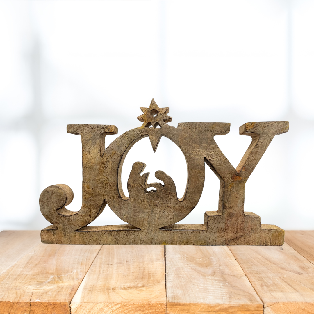 12"L "Joy" Carved Wooden Holy Family Figurine