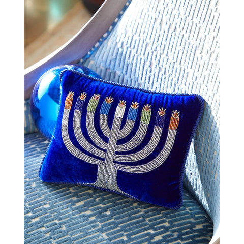 Blue Ash Velvet Pillow W/ Menorah