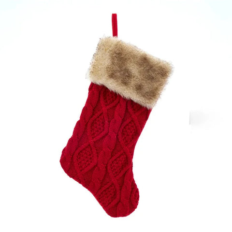 Cable Knit Red Stocking With Brown Faux Fur Cuff