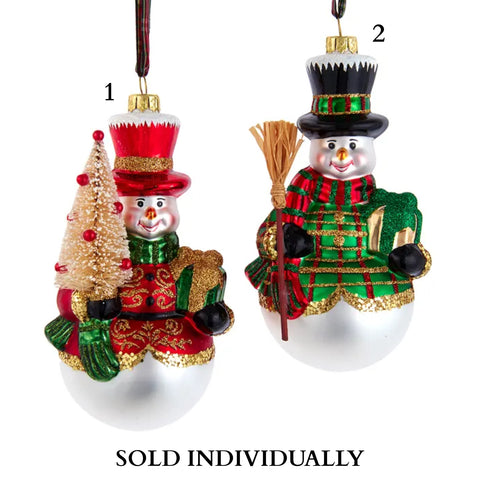 Glass Red & Green Plaid Snowman With Gift Ornaments (2 Styles – Sold individually)