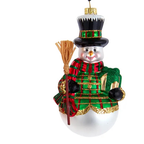 Glass Red & Green Plaid Snowman With Gift Ornaments (2 Styles – Sold individually)