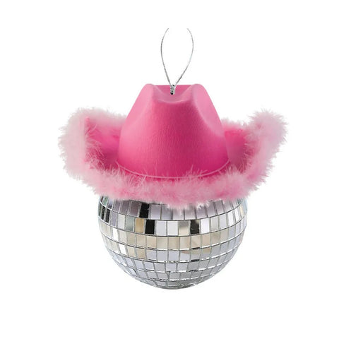 Silver Mirror Ball With Pink Cowboy Hat Ornament, 2.3"
