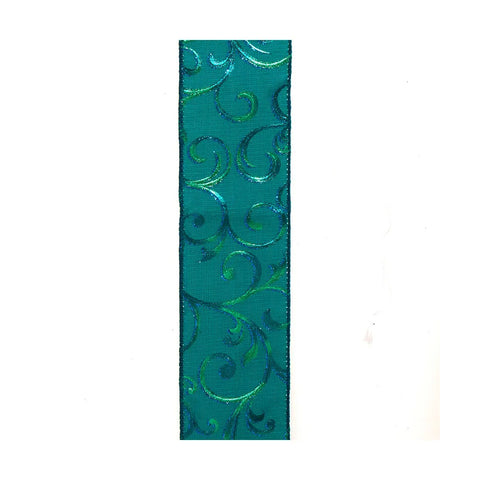 Peacock Green Swirl Patterned Double Wire Ribbon, 2.5"