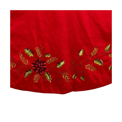 Red Dupion With Multi Sequin Poinsettia & Holly Leaves Tree Skirt, 72"