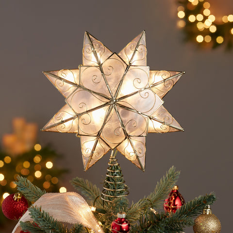 UL 10L 8-Point Capiz Gold Star With Arabesque Decoration Treetop, 9.27"