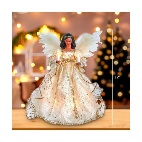 UL 10-Light Ivory & Gold African American Angel Treetop, 12"
