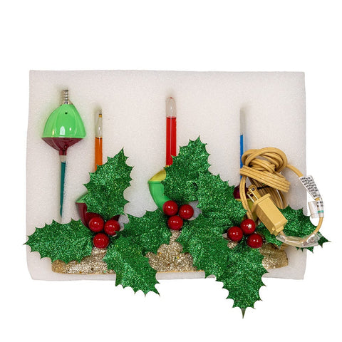 Holly Berry & Greenery With Gold Base Three Bubble Light Table Piece, 6.9"