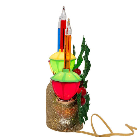 Holly Berry & Greenery With Gold Base Three Bubble Light Table Piece, 6.9"