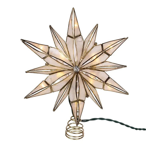 10-Light LED 12-Point Brass Plated Capiz Star With Gem Center Treetop, 10.24“ (UL)