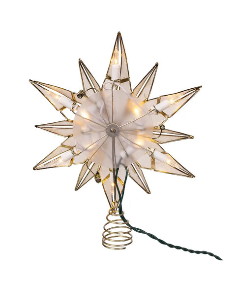 10-Light LED 12-Point Brass Plated Capiz Star With Gem Center Treetop, 10.24“ (UL)