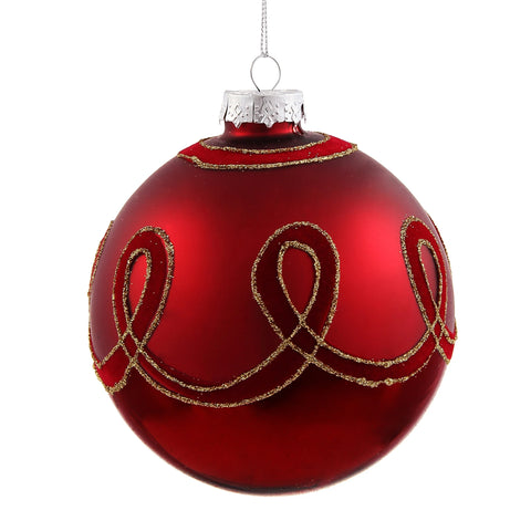 Red Flocked Loop Ball Ornament, 4.7" (120mm)