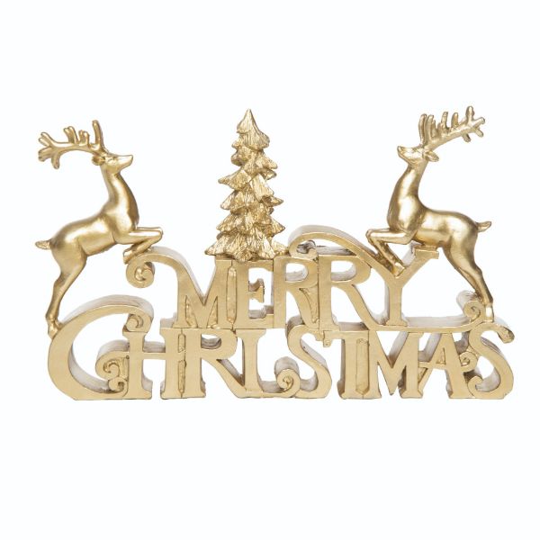 Merry Christmas Reindeer & Tree Decor, Gold Resin
