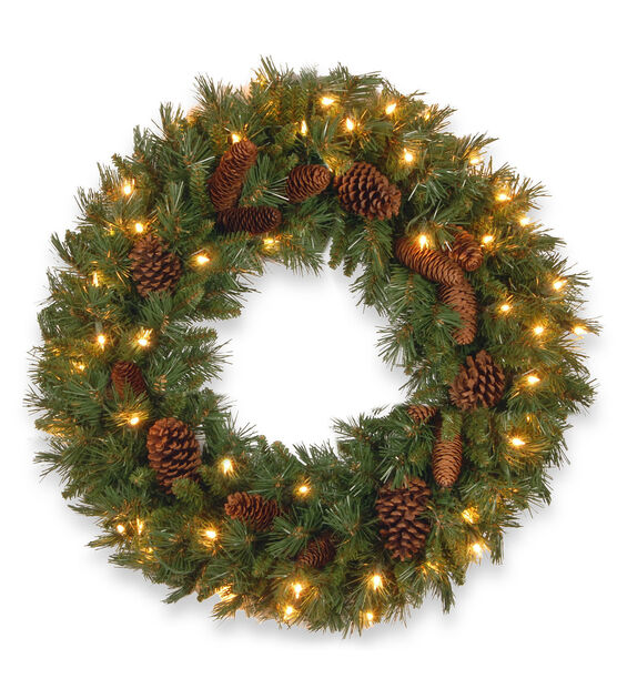 Long Needle Pine Lit Wreath w/Pinecones