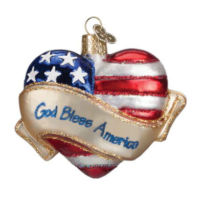 Glass God Bless America Heart Ornament