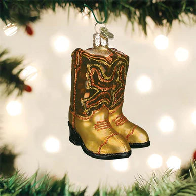 Glass Brown Pair of Cowboy Boots Ornament
