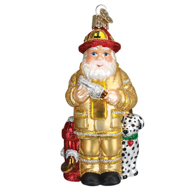 Yellow Fireman Santa Glass Ornament
