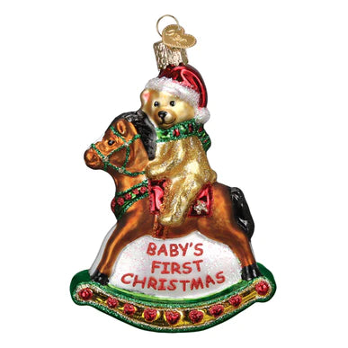 Baby's First Christmas Rocking Horse Teddy Glass Ornament