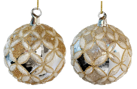 Glass Ornament Ball Silver Shiny Flower Bead Deco