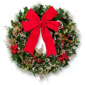 18" Frosted Holly Pine Wreath w/Berries & Red Bow