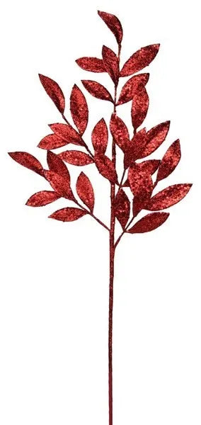 31" Red Glittered Bay Leaf Spray