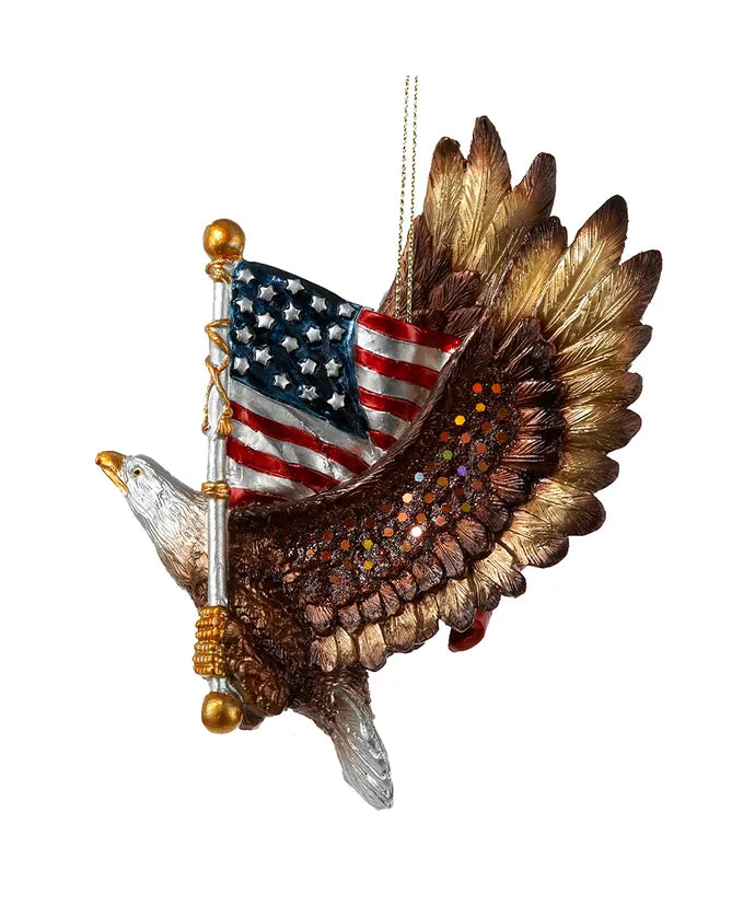 Resin Patriotic Eagle w/American Flag Glittered Ornament