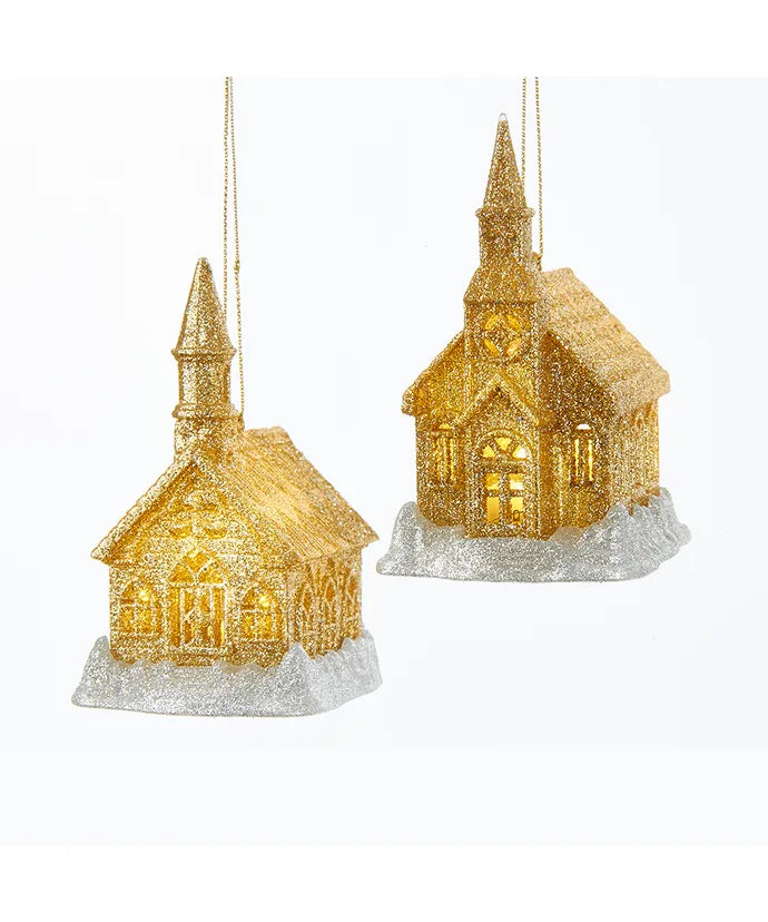 LED Gold Glittered Church Ornament