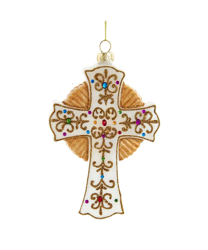 White & Gold Jeweled Cross Glass Ornament