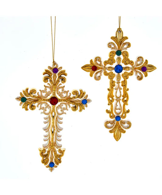 6.2" Gold & White Cross Jeweled Ornament